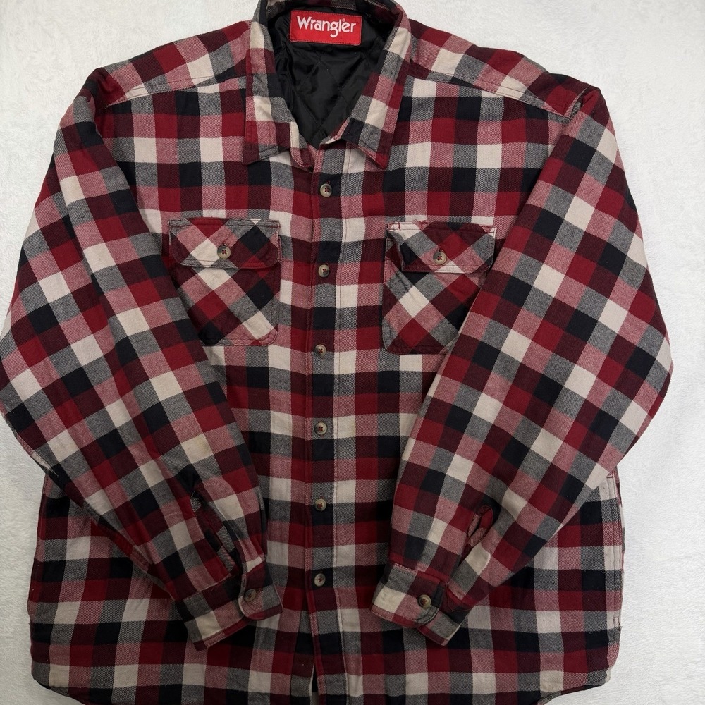 Wrangler Mens Quilted Lined Flannel Shirt Work Jacket Size XL Large Red Black